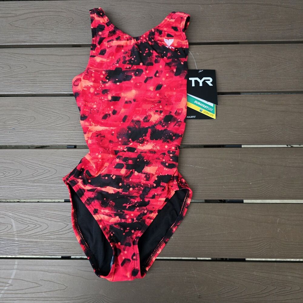 TYR Youth s Girl Durafast Lite Vega Maxfit Swimsuit Red/black Sz 26 New
